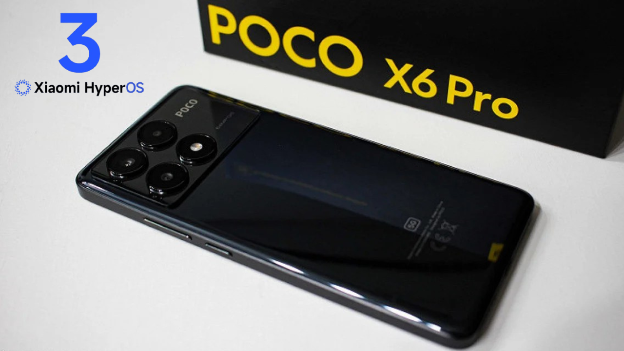 Smartphone Poco X6 Pro em destaque exibindo a interface do sistema com o logotipo oficial do HyperOS 3 no canto superior.