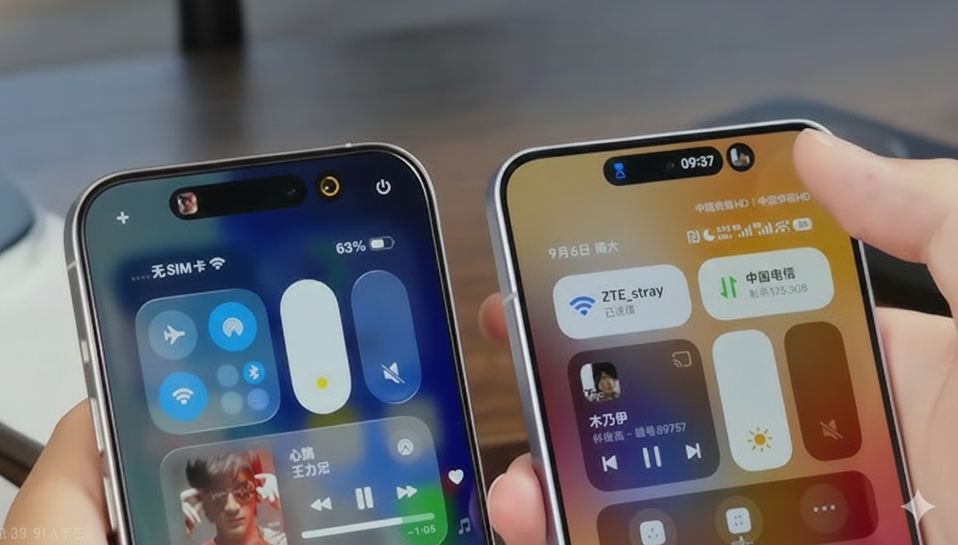 Dois smartphones Xiaomi lado a lado exibindo a central de controle e a interface HyperIsland do HyperOS 3 Global, com widgets de música, brilho e atalhos de conectividade em destaque.