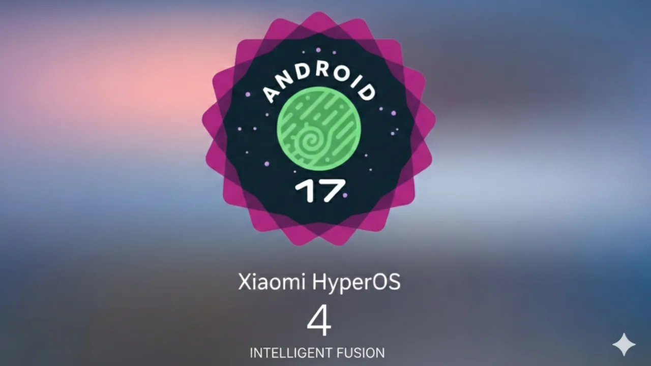 Logotipo oficial do Android 17 em formato de selo circular com tons de verde e roxo, posicionado acima do texto "Xiaomi HyperOS 4 - Intelligent Fusion" em um fundo azul esfumaçado.