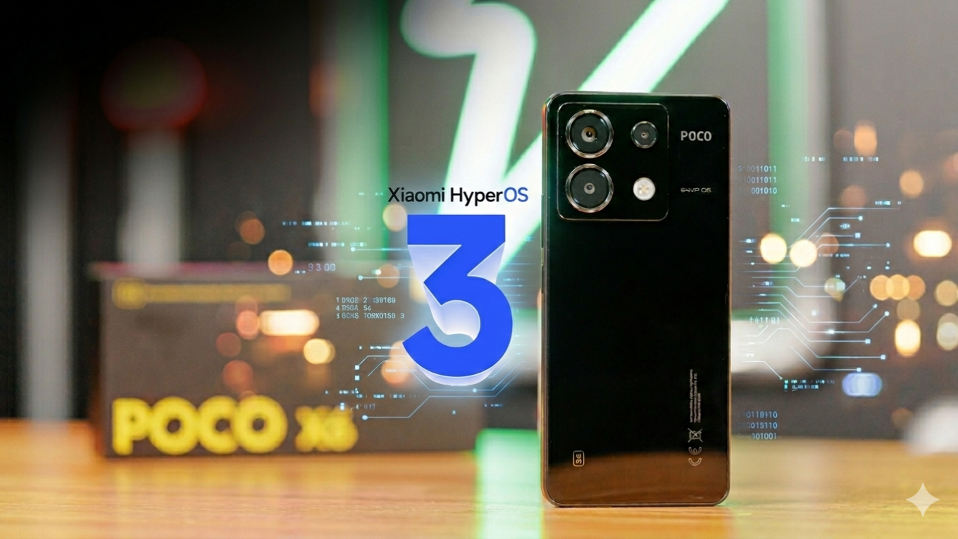 Poco X6 5G: Saiba qual região já liberou o HyperOS 3 e como atualizar agora 1 Smartphone POCO X6 preto posicionado verticalmente sobre uma mesa de madeira. Ao lado, o logotipo azul e branco do