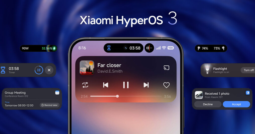 Xiaomi HyperIsland renovada A ilha dinâmica do HyperOS 3.1 ganhou um novo formato. Ela combina notificações em destaque com avisos do dispositivo.