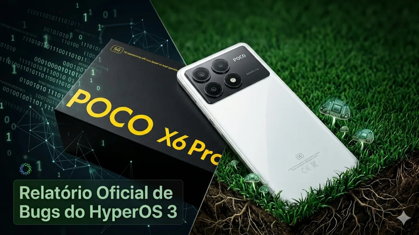 Uma imagem dividida diagonalmente. No lado esquerdo, um fundo escuro com cascatas de códigos binários e redes de dados ciber-verdes. Sobre este fundo, está uma caixa preta de varejo da POCO com a inscrição "POCO X6 Pro" em amarelo. No canto inferior esquerdo, um painel escuro com o texto "Relatório Oficial de Bugs do HyperOS 3" em branco. O lado direito mostra a parte traseira de um smartphone POCO X6 Pro branco brilhante, com seu sistema de câmeras exposto, deitado sobre uma grama verde exuberante e raízes expostas que se misturam com o solo. Pequenos cogumelos digitais, que parecem microchips em hastes, crescem na grama perto do telefone. O estilo visual é uma fusão de tecnologia digital moderna e elementos orgânicos naturais.