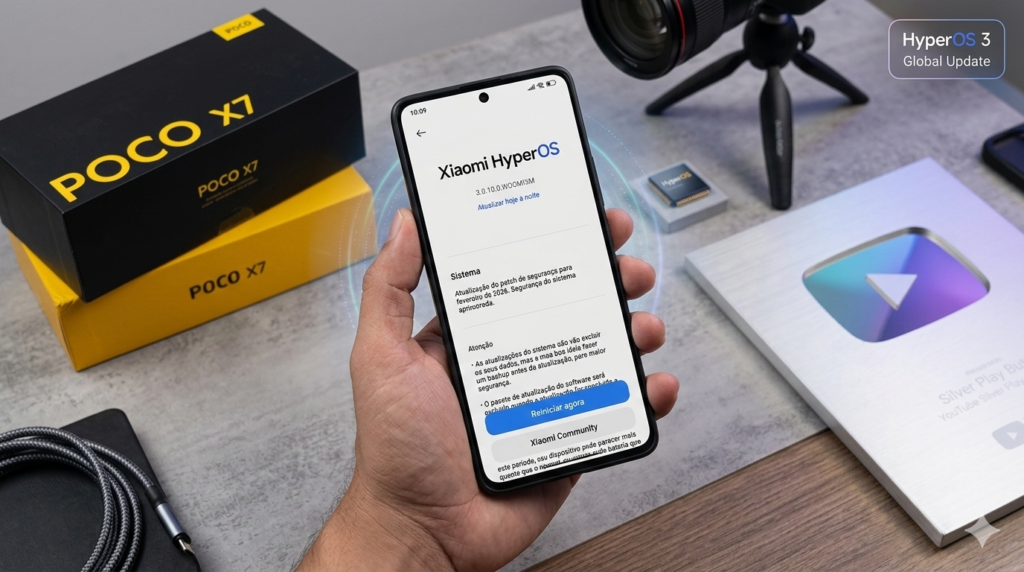 Um smartphone em primeiro plano exibe a tela de atualização do HyperOS 3 com o botão 