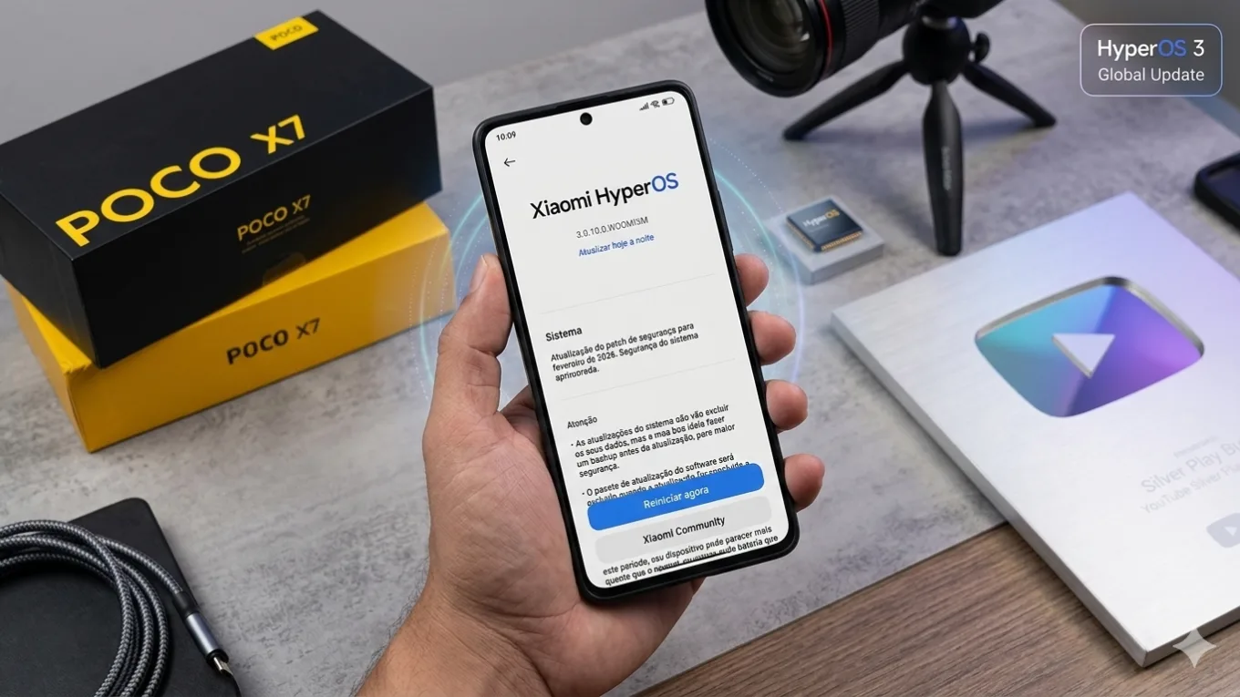 Um smartphone em primeiro plano exibe a tela de atualização do HyperOS 3.1 com o botão "Reiniciar agora". Ao fundo, caixas do POCO X6 Pro e uma placa do YouTube, criando um cenário de suporte técnico especializado para resolver bugs de atualização via OTA.