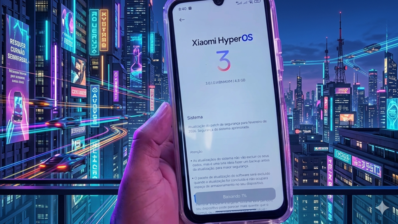 Um smartphone POCO C85 com capa transparente é segurado em primeiro plano, exibindo o processo de atualização para o Xiaomi HyperOS 3. O fundo da imagem mostra uma metrópole futurista em estilo cyberpunk, com luzes neon intensas, arranha-céus tecnológicos e veículos voadores em movimento.