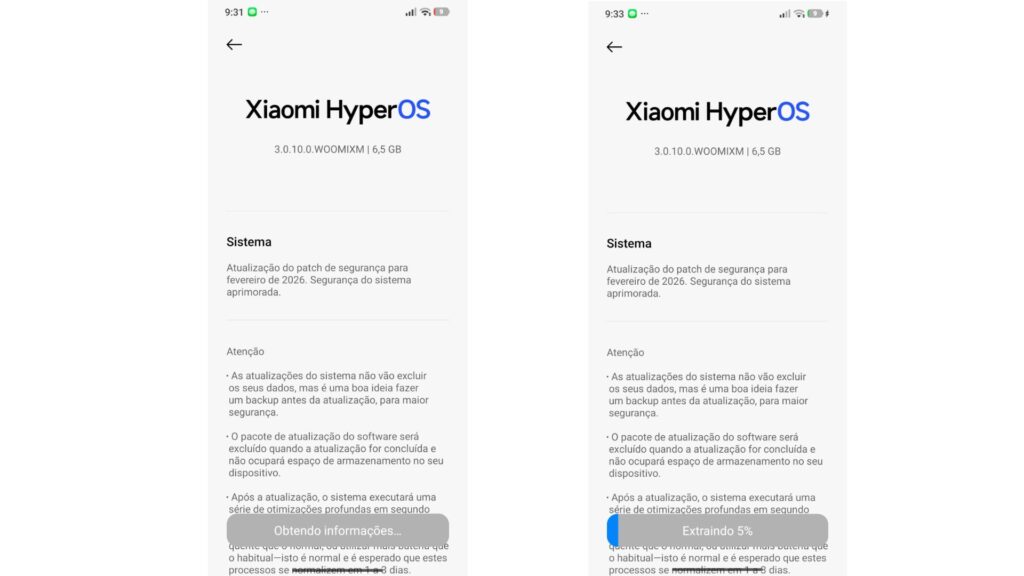 Captura de tela vertical lado a lado de dois smartphones Xiaomi em português, mostrando o processo de atualização do sistema para o Xiaomi HyperOS 3. O lado esquerdo, às 9:31, exibe o status 