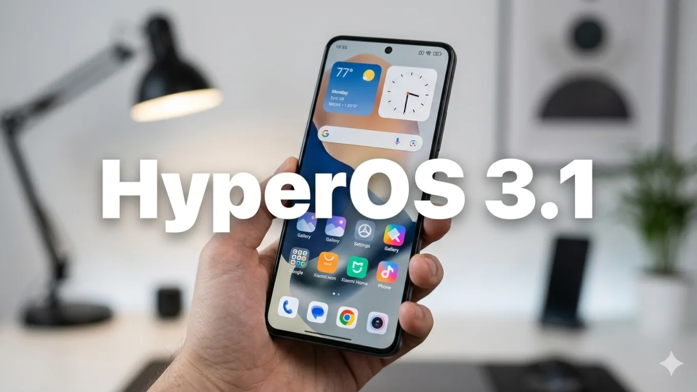Mão segurando um smartphone moderno com a interface do sistema HyperOS 3.1 da Xiaomi em destaque e texto centralizado escrito "HyperOS 3.1" sobre um fundo de escritório desfocado.