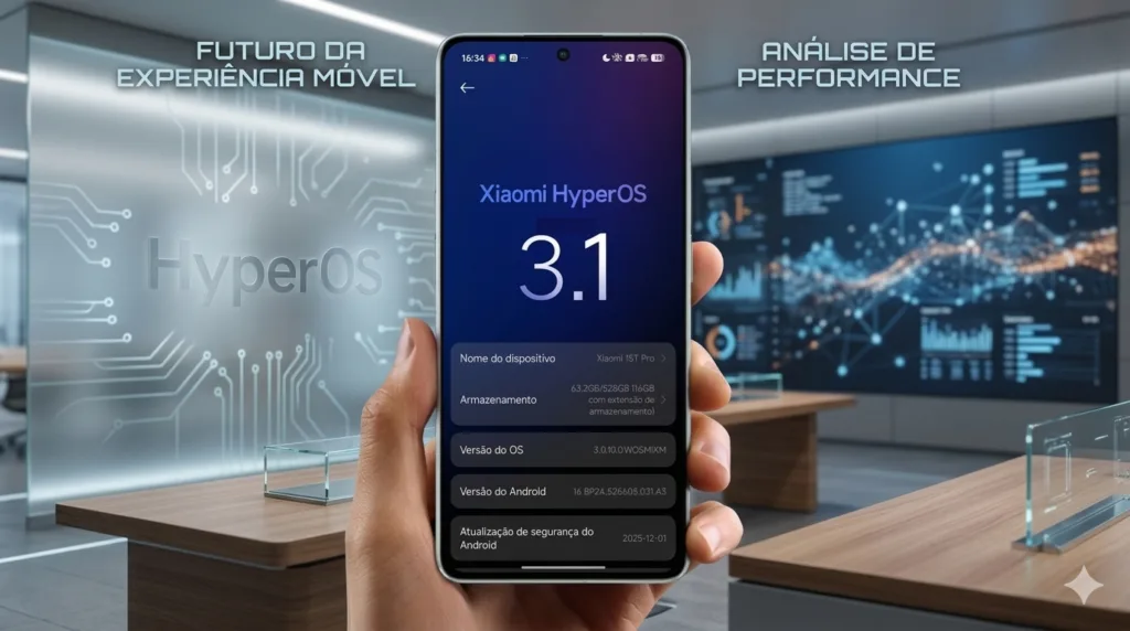 O Poco X6 Pro Finalmente Recebe o HyperOS 3 de Forma Oficial 4 Uma mão segurando um smartphone Xiaomi que exibe na tela o logo "Xiaomi HyperOS 3.1" e informações do sistema. O aparelho está em um ambiente moderno e tecnológico, com gráficos de dados e textos "Futuro da Experiência Móvel" e "Análise de Performance" flutuando ao fundo.