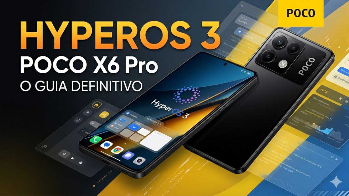 A Saga do Poco X6 Pro no HyperOS 3 Acabou — E a do HyperOS 3.1 Já Começou 1 Smartphone Poco X6 Pro em preto exibindo a interface do sistema HyperOS 3 Global em uma arte tecnológica com elementos flutuantes e fundo escuro moderno.