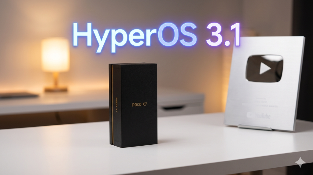 HyperOS 3: 12 Aparelhos Recebem Novas Atualizações Hoje — Lista Completa (14 de Abril de 2026) 2 Caixa de smartphone POCO X7 em preto fosco com detalhes dourados ao lado de uma placa de prata do YouTube em uma mesa branca minimalista, com sobreposição de texto neon