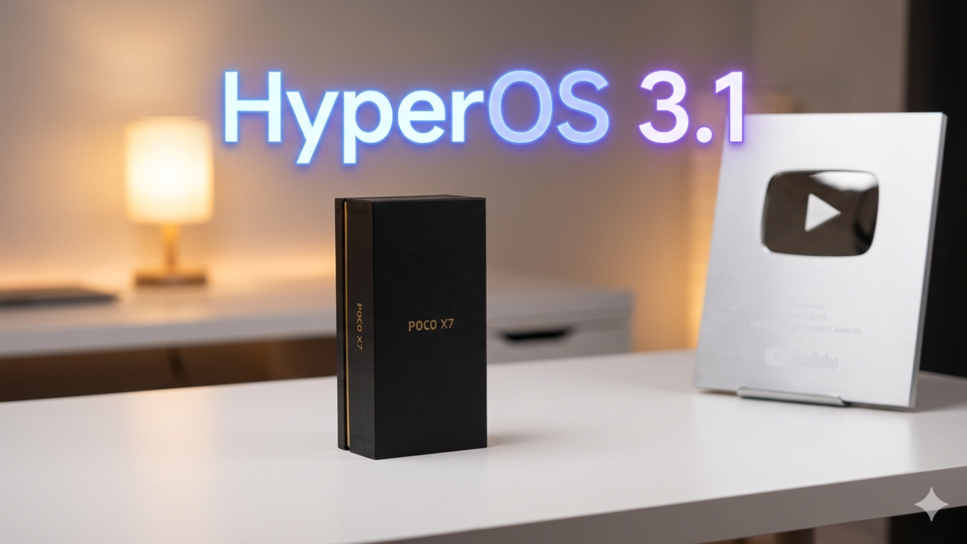 Caixa de smartphone POCO X7 em preto fosco com detalhes dourados ao lado de uma placa de prata do YouTube em uma mesa branca minimalista, com sobreposição de texto neon 