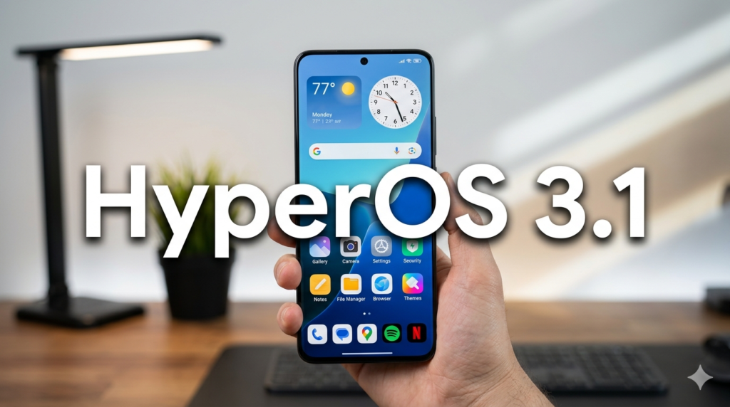 Fotografia realista de smartphone moderno exibindo a interface do HyperOS 3.1 com widgets de clima e relógio, destacando o texto central 