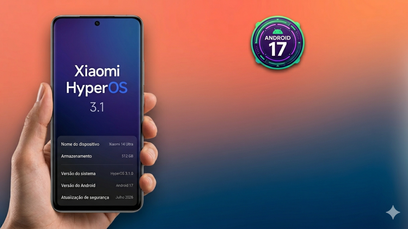 Uma foto de uma mão segurando um smartphone Xiaomi com a interface do HyperOS 3.1 na tela. O smartphone tem um design moderno com bordas finas e uma câmera frontal centralizada. O fundo da imagem é um degradê suave de laranja para azul escuro com um selo circular 