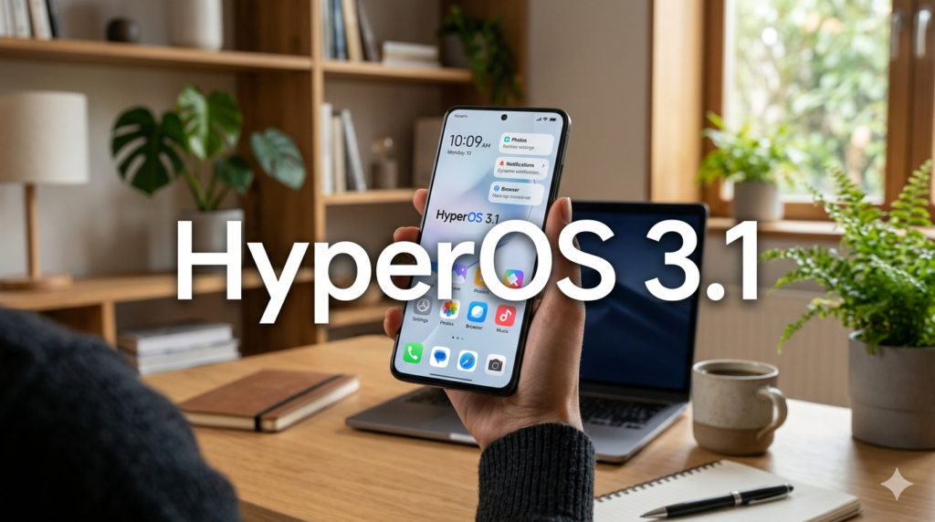 HyperOS 3.1 exibido em smartphone Xiaomi com destaque para nova atualização disponível na lista oficial global e China para dispositivos Redmi e POCO