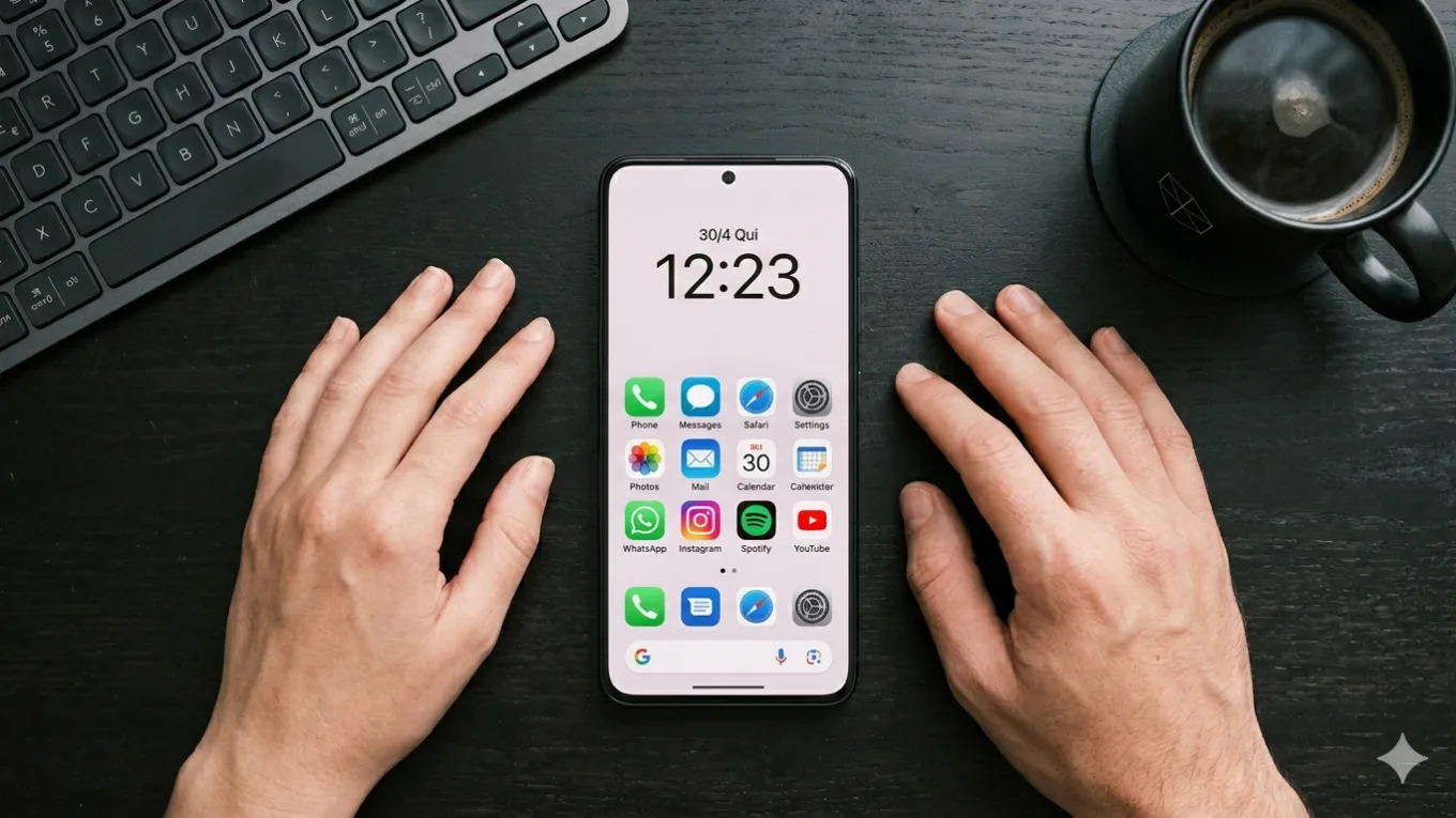 Fotografia em ângulo superior (top view) de um smartphone moderno centralizado em uma mesa escura. A tela exibe o menu de configurações da Poco Launcher HyperOS em português, destacando a opção "Pesquisa da Tela Inicial" ativada e dois modelos de widgets da barra de busca do Google (compacto e padrão) sobre um fundo lilás suave. Ao lado do aparelho, mãos humanas, um teclado cinza e uma caneca de café preta completam o cenário de produtividade.