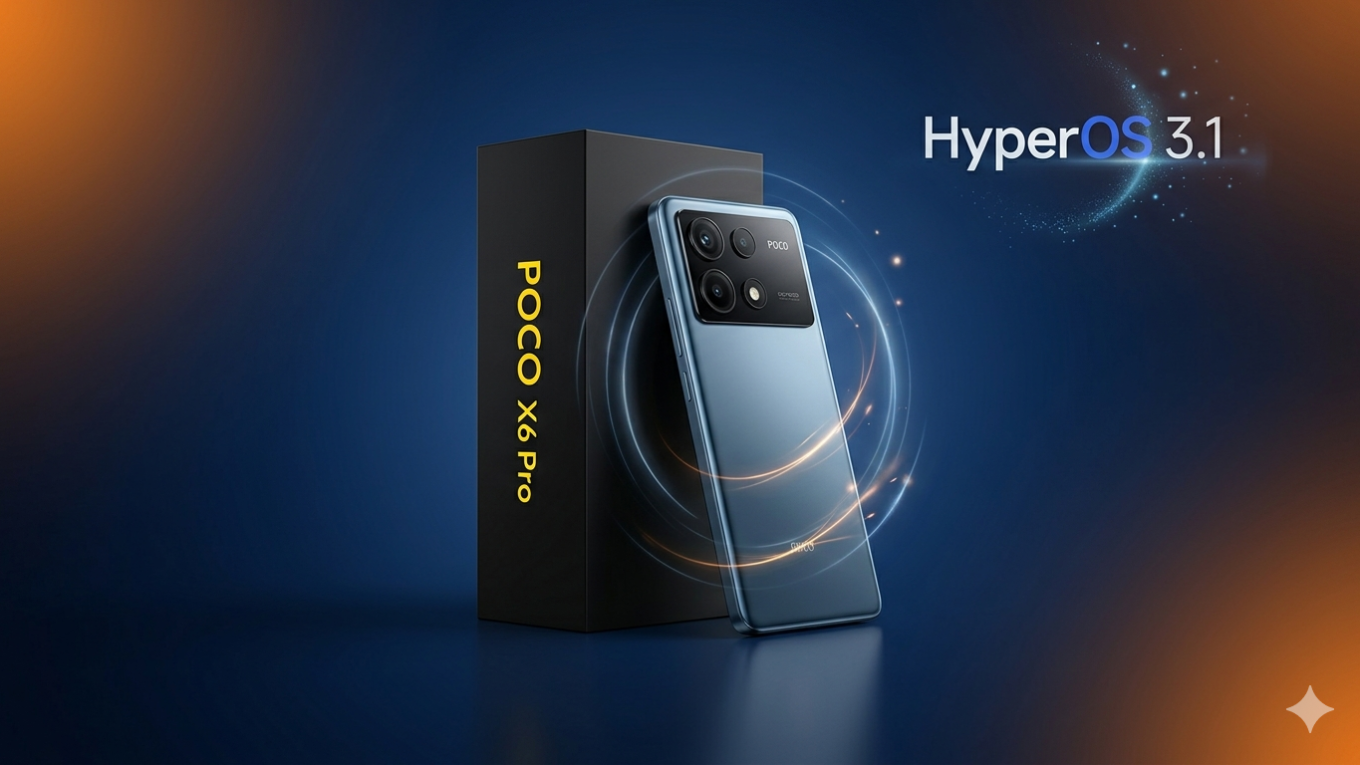 Smartphone Poco X6 Pro apoiado em uma caixa preta com detalhes em amarelo, exibindo a interface HyperOS 3.1 em um fundo tecnológico azul e laranja.