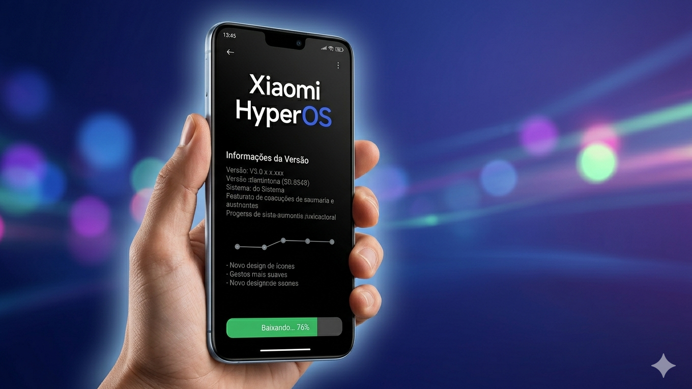 Smartphone Xiaomi exibindo interface de atualização do HyperOS 3.1 em português, com barra de progresso, fundo tecnológico em tons de azul e roxo, destacando atualizações para Poco X6 Pro e Poco C85.