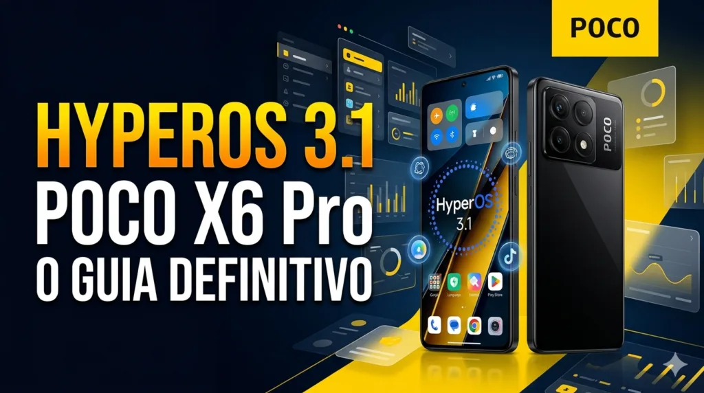 "Banner tecnológico com dois smartphones POCO X6 Pro em destaque; um exibindo a interface do sistema HyperOS 3.1 com widgets modernos e outro mostrando o design traseiro preto com módulo de câmeras. Fundo dinâmico em azul, preto e amarelo com o texto 'HyperOS 3.1 POCO X6 Pro O Guia Definitivo'."