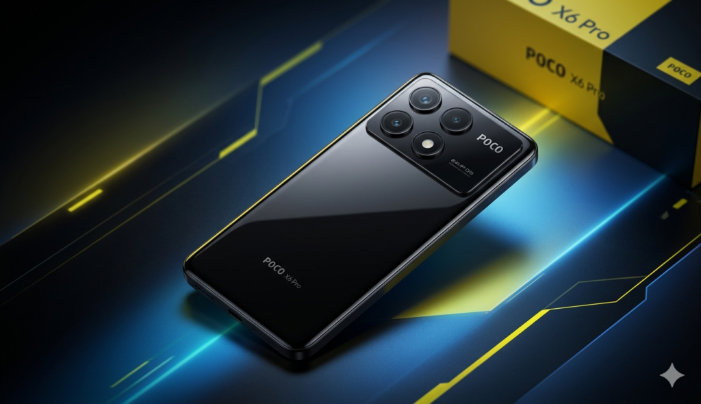Smartphone Poco X6 Pro em acabamento preto brilhante posicionado diagonalmente sobre superfície tecnológica com iluminação neon azul e amarela. Ao fundo, caixa do aparelho e interface sugerindo o sistema HyperOS 3.