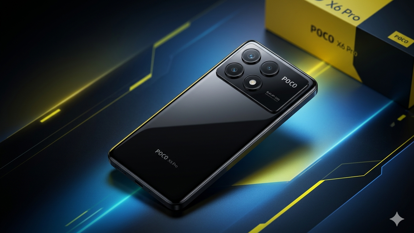Smartphone Poco X6 Pro em acabamento preto brilhante posicionado diagonalmente sobre superfície tecnológica com iluminação neon azul e amarela. Ao fundo, caixa do aparelho e interface sugerindo o sistema HyperOS 3.