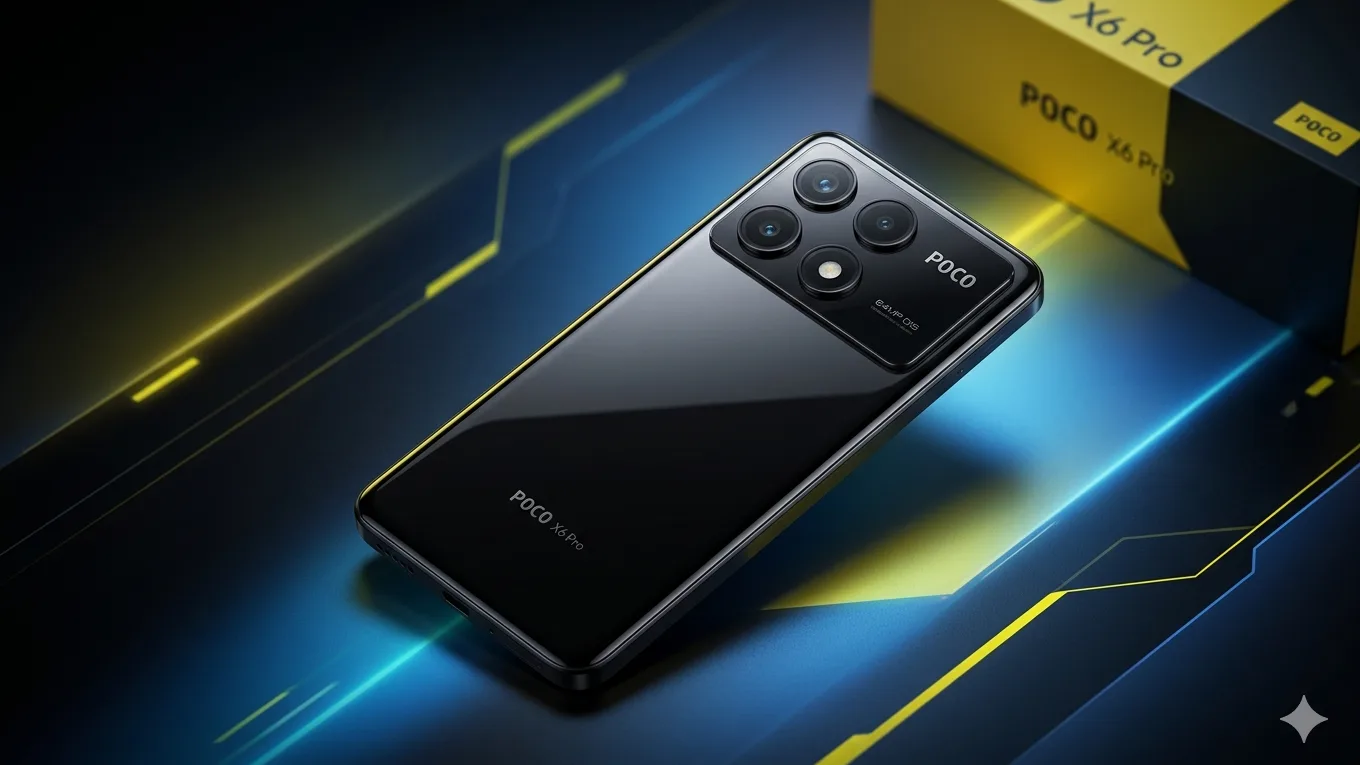 Poco X6 Pro Recebe Patch de Abril de 2026 do HyperOS 3 nas Regiões Globais 1 Smartphone Poco X6 Pro em acabamento preto brilhante posicionado diagonalmente sobre superfície tecnológica com iluminação neon azul e amarela. Ao fundo, caixa do aparelho e interface sugerindo o sistema HyperOS 3.