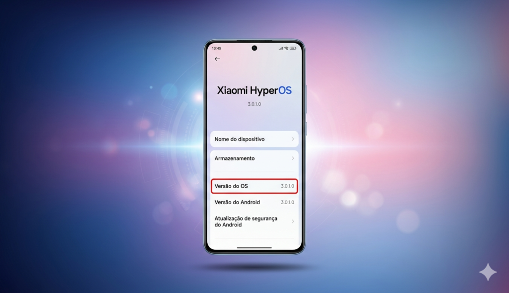Smartphone moderno centralizado exibindo a interface do Xiaomi HyperOS 3.0.1.0 em português, com destaque em vermelho na versão do sistema, sobre um fundo futurista em tons de azul e roxo Pronto para atualização do HyperOS 3.1