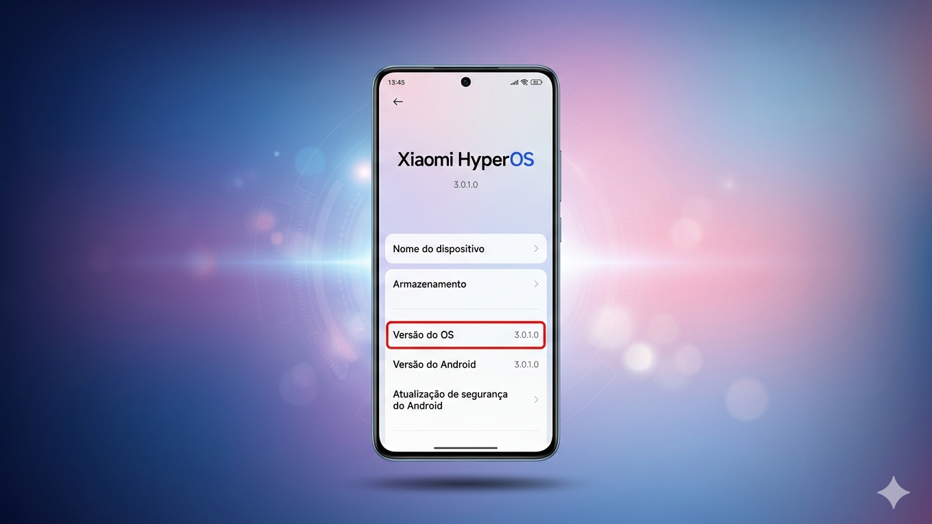 Smartphone moderno centralizado exibindo a interface do Xiaomi HyperOS 3.0.1.0 em português, com destaque em vermelho na versão do sistema, sobre um fundo futurista em tons de azul e roxo Pronto para atualização do HyperOS 3.1
