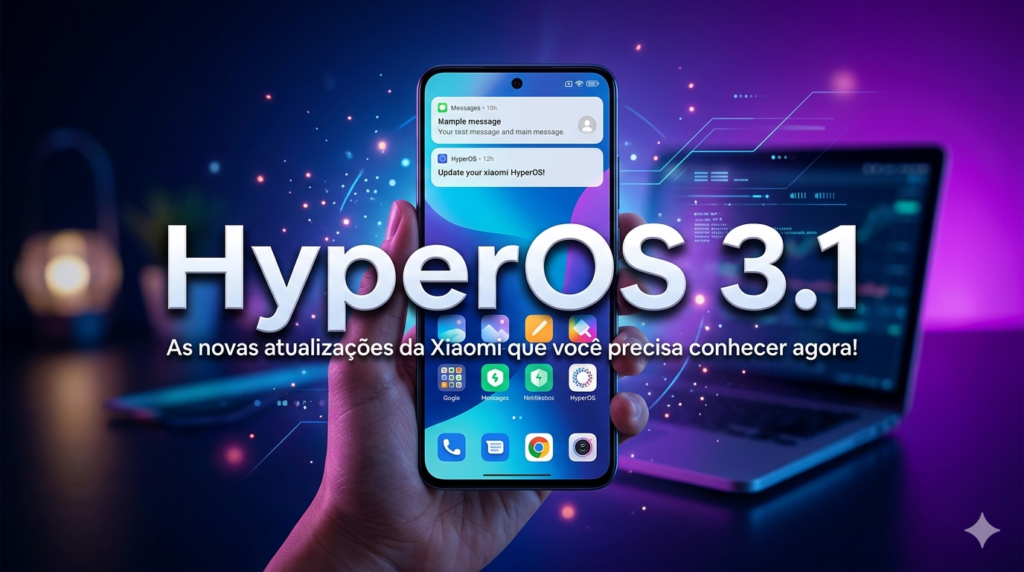 HyperOS 3.1 Chegou Hoje: Poco X8 Pro Max, Redmi Note 15 Pro e Mais — Mas Tem um Erro que Você Precisa Evitar 2 Uma mão segurando um smartphone moderno exibindo a interface do sistema HyperOS 3.1 da Xiaomi. Ao centro, o texto 'HyperOS 3.1' em destaque. O fundo é futurista com tons de roxo, azul e luzes neon, apresentando a silhueta desfocada de um laptop e partículas digitais.