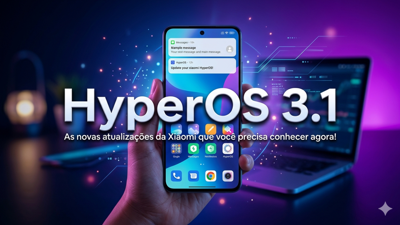 Uma mão segurando um smartphone moderno exibindo a interface do sistema HyperOS 3.1 da Xiaomi. Ao centro, o texto 'HyperOS 3.1' em destaque. O fundo é futurista com tons de roxo, azul e luzes neon, apresentando a silhueta desfocada de um laptop e partículas digitais.