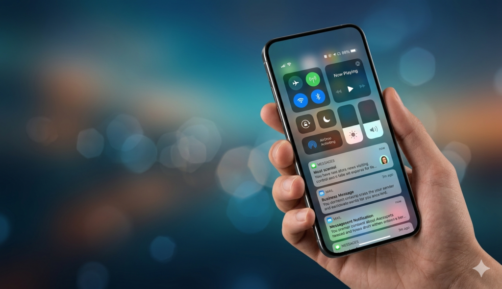 Foto de alta qualidade em estilo product photography mostrando a mão de um usuário segurando um smartphone moderno (Poco X7 Pro) com a interface HyperOS 3 visível. O fundo possui um desfoque cinematográfico em tons de azul e teal, com espaço para texto lateral.