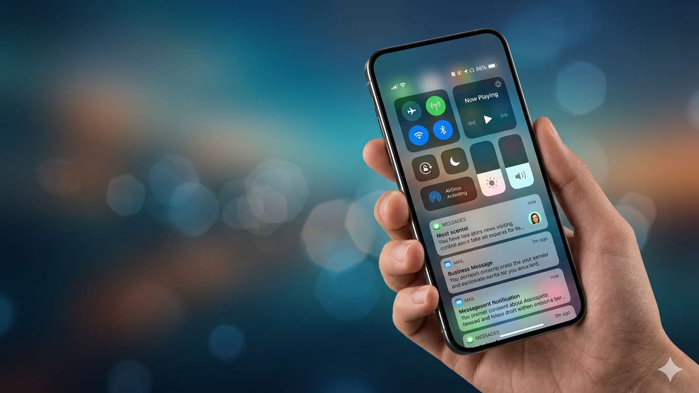 Foto de alta qualidade em estilo product photography mostrando a mão de um usuário segurando um smartphone moderno (Poco X7 Pro) com a interface HyperOS 3 visível. O fundo possui um desfoque cinematográfico em tons de azul e teal, com espaço para texto lateral.