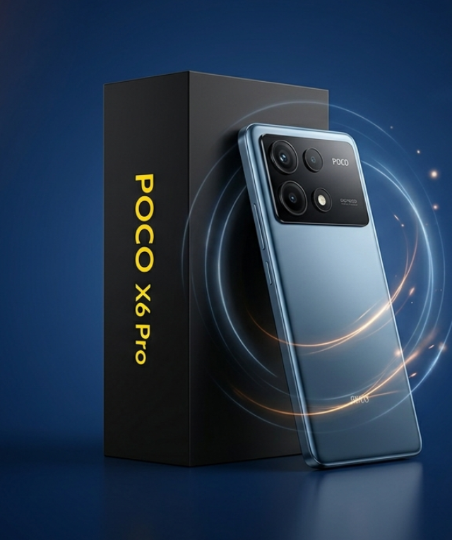 Smartphone Poco X6 Pro apoiado em uma caixa preta com detalhes em amarelo, exibindo a interface HyperOS 3.1 em um fundo tecnológico azul e laranja.