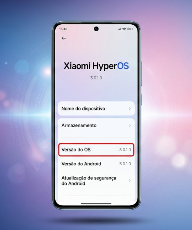 Smartphone moderno centralizado exibindo a interface do Xiaomi HyperOS 3.0.1.0 em português, com destaque em vermelho na versão do sistema, sobre um fundo futurista em tons de azul e roxo Pronto para atualização do HyperOS 3.1