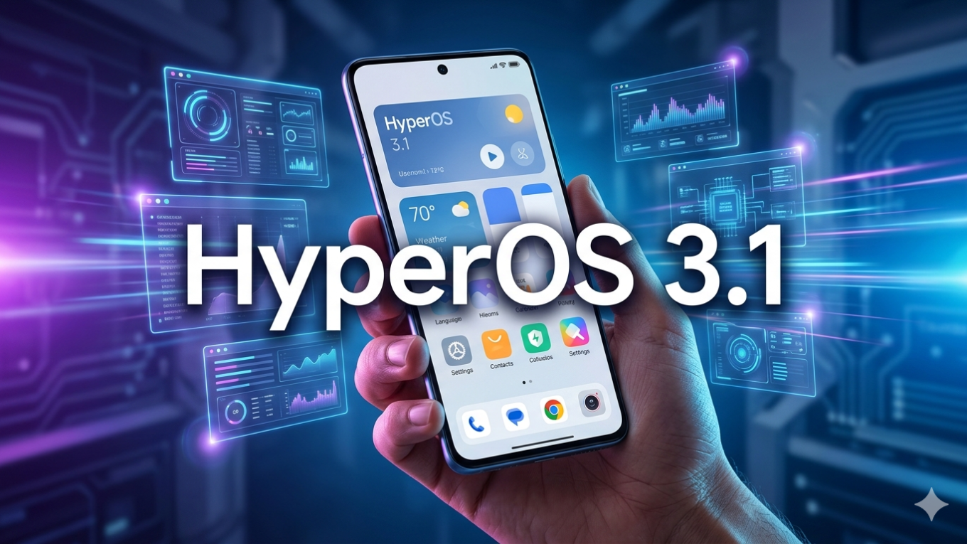 Lista atualizada: celulares Xiaomi com HyperOS 3 e 3.1 (abril de 2026) 1 Smartphone moderno sendo segurado por uma mão, exibindo a interface do HyperOS 3.1 em uma tela nítida. O fundo apresenta um ambiente tecnológico futurista com hologramas azul e roxo, luzes neon e elementos de inteligência artificial. Texto centralizado