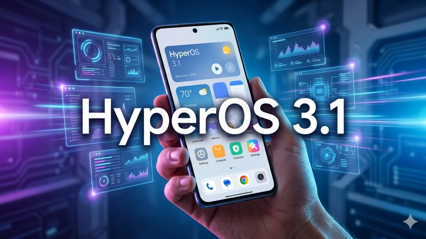 Smartphone moderno sendo segurado por uma mão, exibindo a interface do HyperOS 3.1 em uma tela nítida. O fundo apresenta um ambiente tecnológico futurista com hologramas azul e roxo, luzes neon e elementos de inteligência artificial. Texto centralizado "HyperOS 3.1".