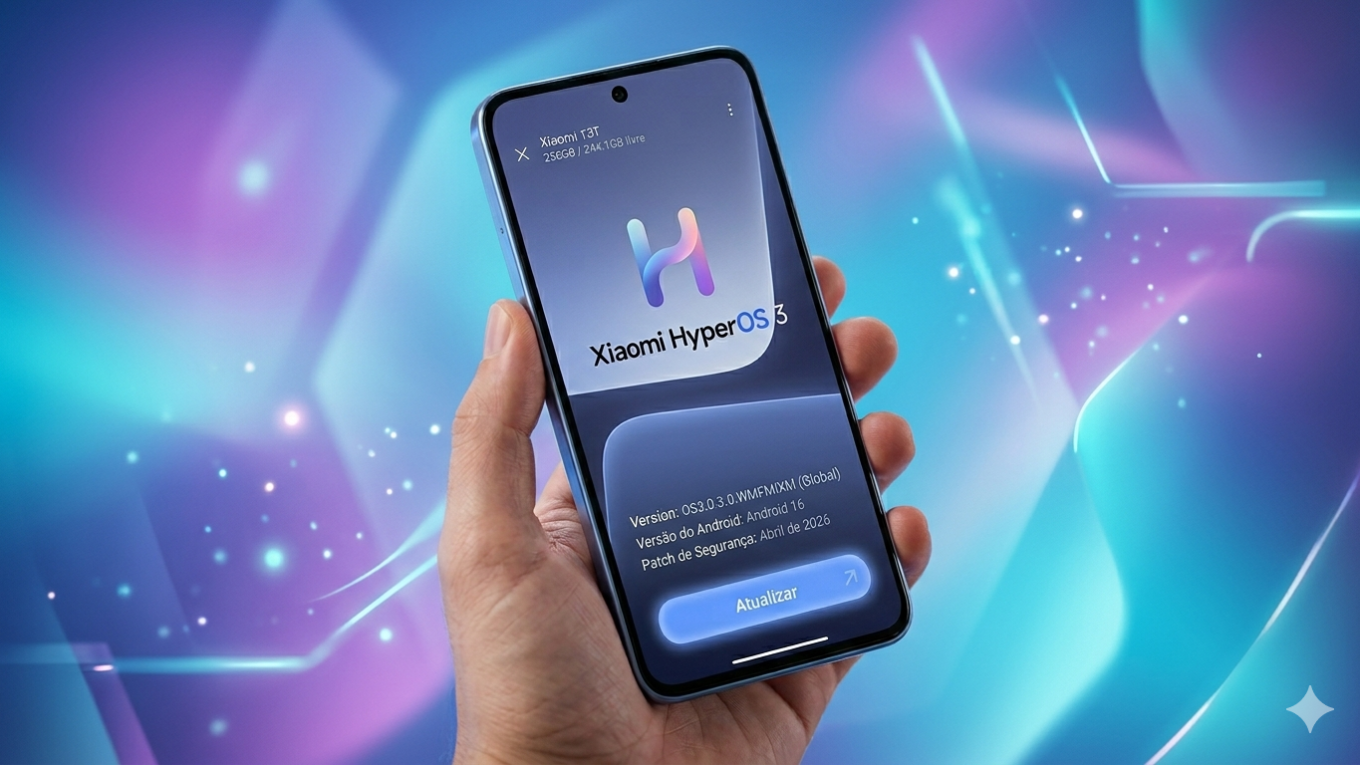 Tela do Xiaomi 13T mostrando atualização do HyperOS 3 com Android 16, build OS3.0.3.0.WMFMIXM e patch de segurança de abril de 2026