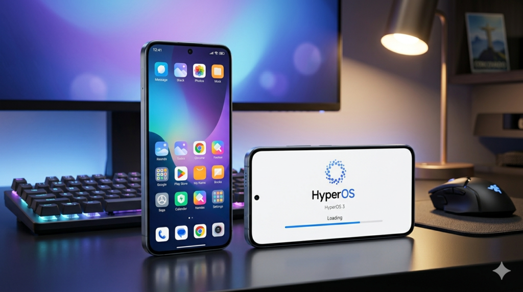 HyperOS 3.1 Não Para: Poco F7 Está Pronto e o Poco X6 Pro Completa Todas as Regiões Hoje 2 Dois smartphones Xiaomi premium em uma mesa de setup gamer com iluminação RGB. O smartphone em pé exibe a tela inicial colorida do HyperOS, enquanto o smartphone deitado mostra a tela de carregamento da atualização HyperOS 3.1 com uma barra de progresso azul. O ambiente possui um teclado mecânico, mouse e tons de roxo e azul neon ao fundo.