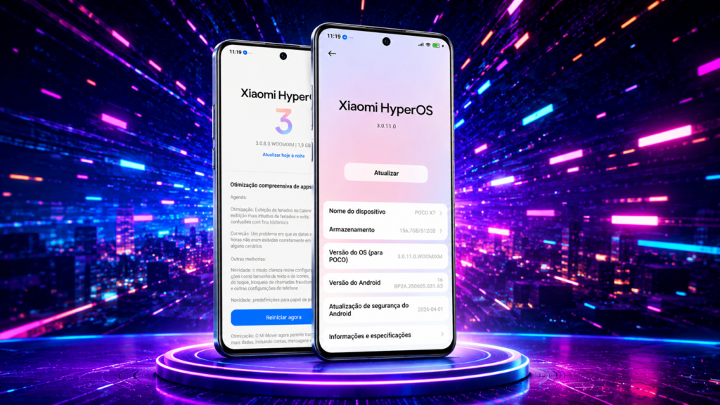 Xiaomi Abriu o Ciclo de Junho com Atualizações em Massa do HyperOS 3.1 — Veja Se o Seu Aparelho Está na Lista 4 Dois smartphones Poco X7 com Xiaomi HyperOS 3.1 em destaque sobre um cenário futurista neon azul e roxo, mostrando a nova atualização do sistema em uma arte tecnológica para artigo sobre o HyperOS 3.1.