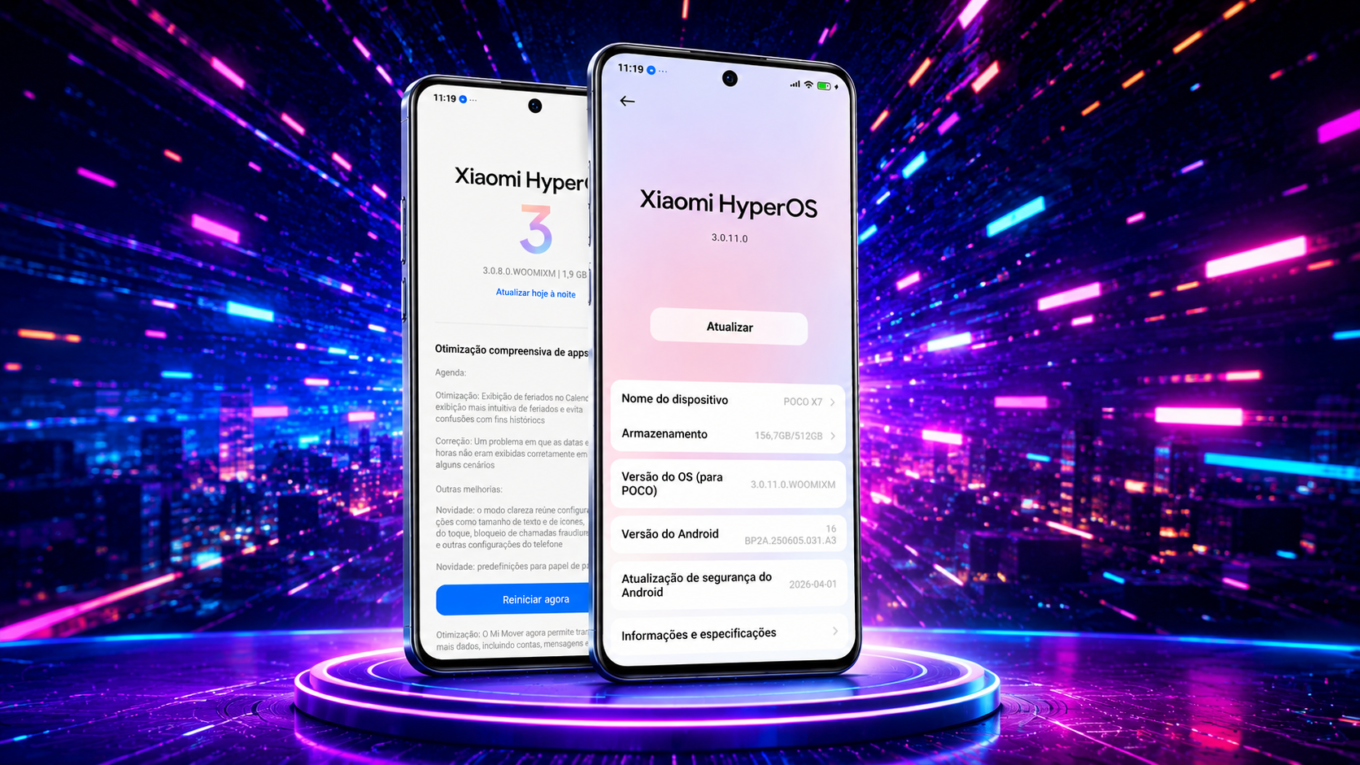 Dois smartphones Poco X7 com Xiaomi HyperOS 3.1 em destaque sobre um cenário futurista neon azul e roxo, mostrando a nova atualização do sistema em uma arte tecnológica para artigo sobre o HyperOS 3.1.