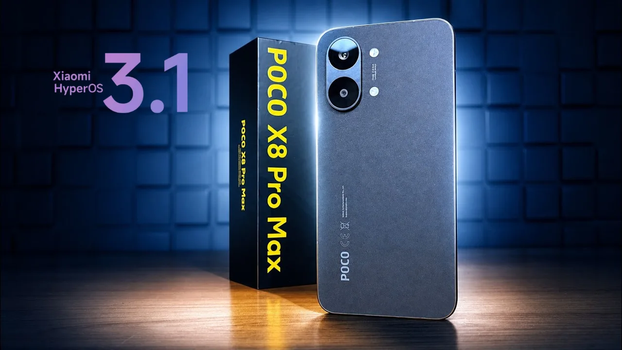 Smartphone POCO cinza escuro em pé ao lado de sua caixa preta com letras amarelas escrito "POCO X8 Pro Max", posicionado sobre uma mesa de madeira iluminada com fundo azul quadriculado e o texto "Xiaomi HyperOS 3.1" no canto superior esquerdo.