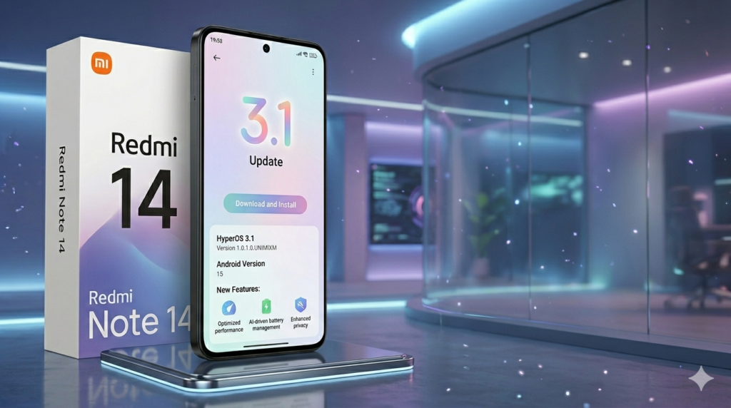 Smartphone Redmi Note 14 em destaque ao lado de sua caixa, exibindo a interface de atualização do Xiaomi HyperOS 3.1 em um cenário tecnológico futurista com iluminação neon azul e roxa.