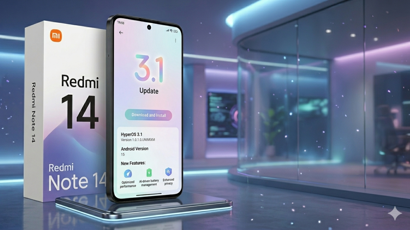 Smartphone Redmi Note 14 em destaque ao lado de sua caixa, exibindo a interface de atualização do Xiaomi HyperOS 3.1 em um cenário tecnológico futurista com iluminação neon azul e roxa.
