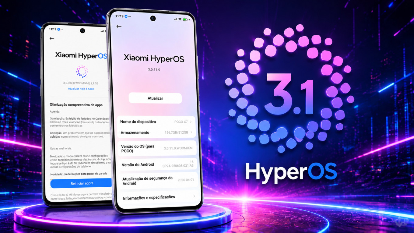 HyperOS 3.1 Está Chegando para o Poco X6 Pro e Redmi Note 14 — Veja a Lista Completa de Hoje 1 Dois smartphones Xiaomi exibindo a interface do HyperOS 3.1 em um cenário futurista com iluminação neon, destacando a chegada da atualização para Poco X6 Pro e Redmi Note 14.