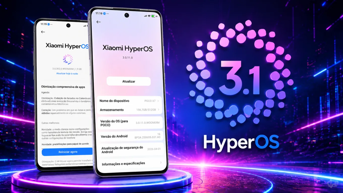 Dois smartphones Xiaomi exibindo a interface do HyperOS 3.1 em um cenário futurista com iluminação neon, destacando a chegada da atualização para Poco X6 Pro e Redmi Note 14.
