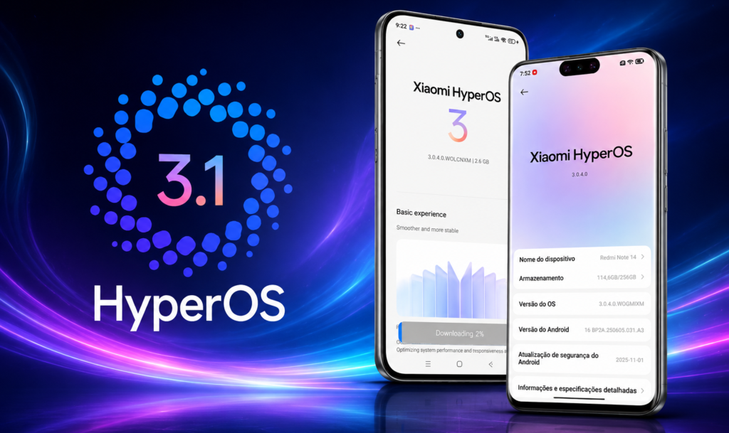 Xiaomi Abriu o Ciclo de Junho com Atualizações em Massa do HyperOS 3.1 — Veja Se o Seu Aparelho Está na Lista 2 Imagem promocional do HyperOS 3.1 mostrando smartphones Xiaomi com a nova atualização baseada no Android 16 e destaque para o possível lançamento do HyperOS 3 no Xiaomi 13T.