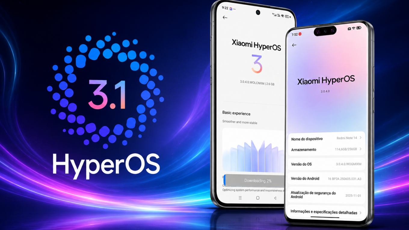 HyperOS 3.1 Está Sendo Liberado Agora — e o Xiaomi 13T Pode Receber a Qualquer Momento 1 Imagem promocional do HyperOS 3.1 mostrando smartphones Xiaomi com a nova atualização baseada no Android 16 e destaque para o possível lançamento do HyperOS 3 no Xiaomi 13T.