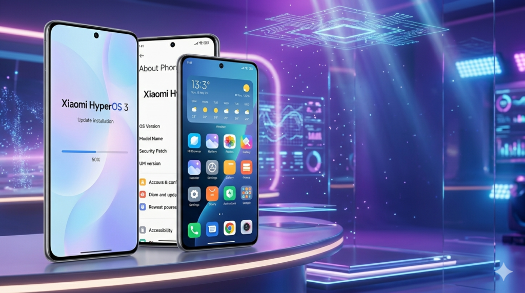 Três smartphones Xiaomi alinhados lado a lado sobre uma bancada futurista iluminada em tons de roxo e azul neon. As telas exibem a interface do sistema HyperOS 3.1 no Poco X7 Pro, incluindo a tela de instalação da atualização, o menu de configurações sobre o dispositivo e a tela inicial com widgets de clima e ícones de aplicativos.