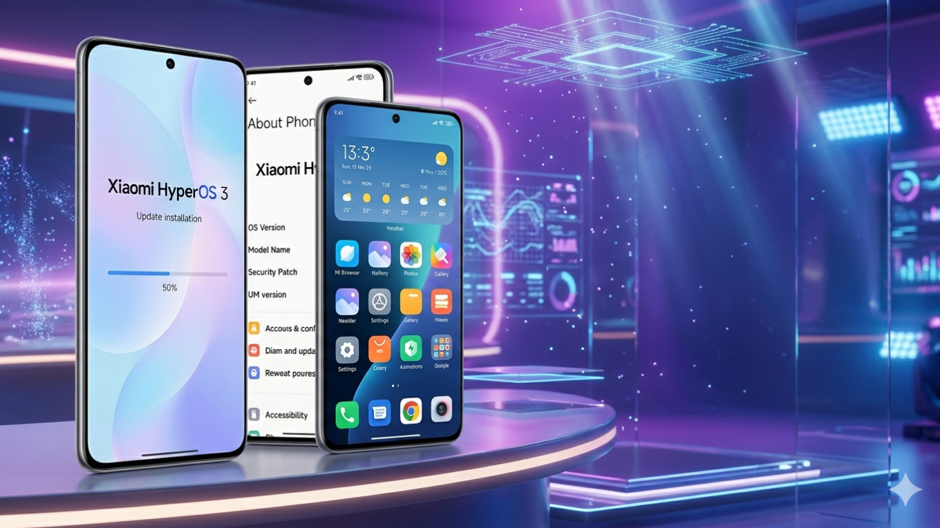 Três smartphones Xiaomi alinhados lado a lado sobre uma bancada futurista iluminada em tons de roxo e azul neon. As telas exibem a interface do sistema HyperOS 3.1 no Poco X7 Pro, incluindo a tela de instalação da atualização, o menu de configurações sobre o dispositivo e a tela inicial com widgets de clima e ícones de aplicativos.