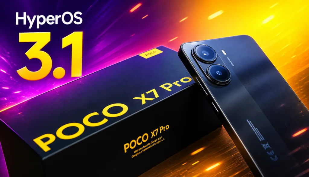HyperOS 3.1 Poco X7 Pro com design premium ao lado da caixa oficial em fundo tecnológico vibrante