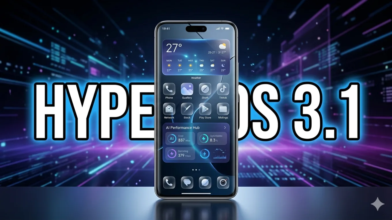 Smartphone Xiaomi com tela curva exibindo a interface futurista do HyperOS 3.1 com widgets de performance e clima, sobreposto ao texto gigante 'HYPEROS 3.1' em um fundo tecnológico neon azul e roxo.